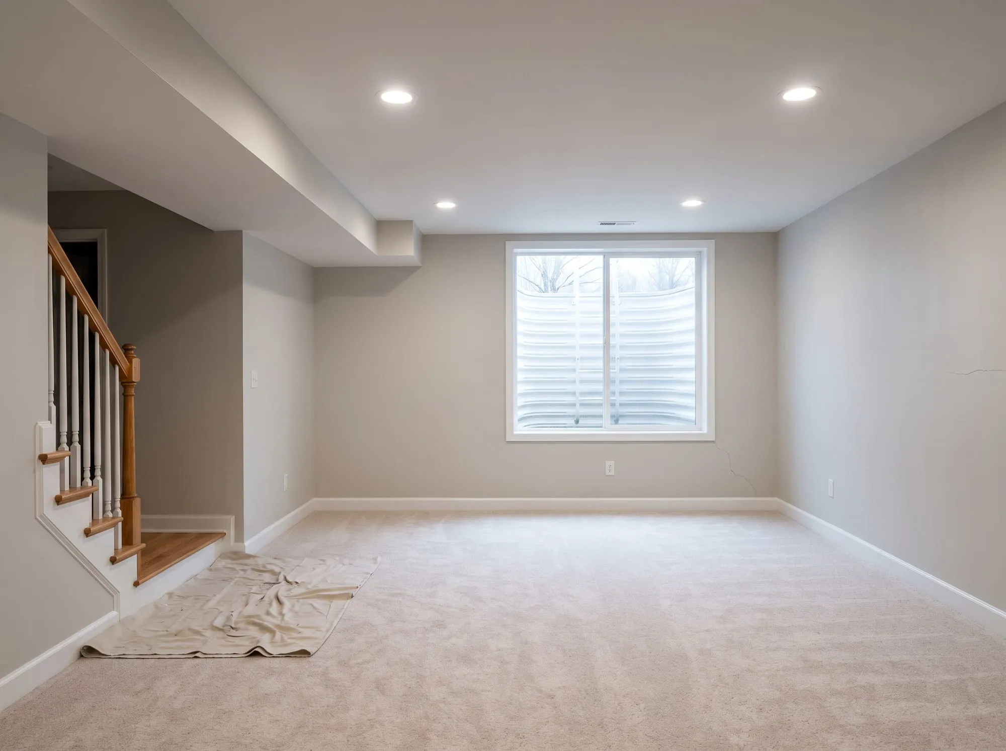 Finished basement family room with smooth drywall, recessed lights and a duct soffit