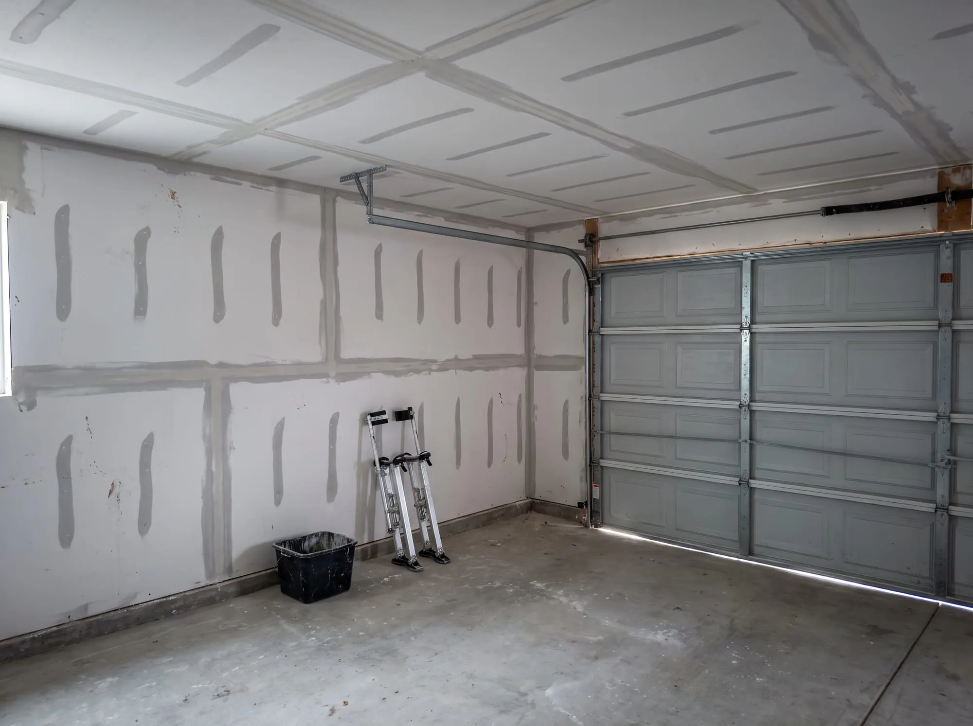 Garage with fire-rated drywall hung and taped on the walls and ceiling