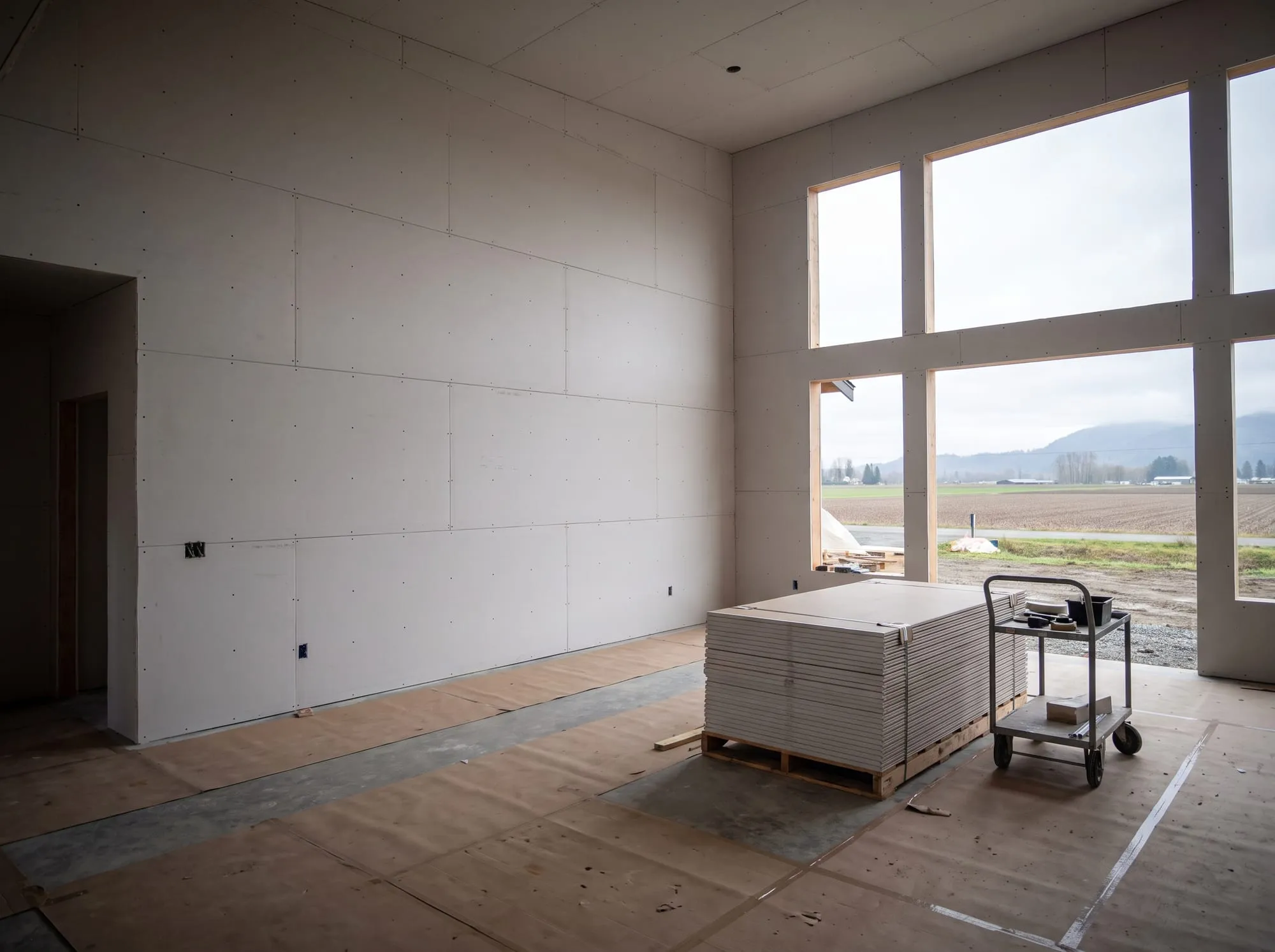 New-construction great room with tall walls hung in 12-foot drywall sheets