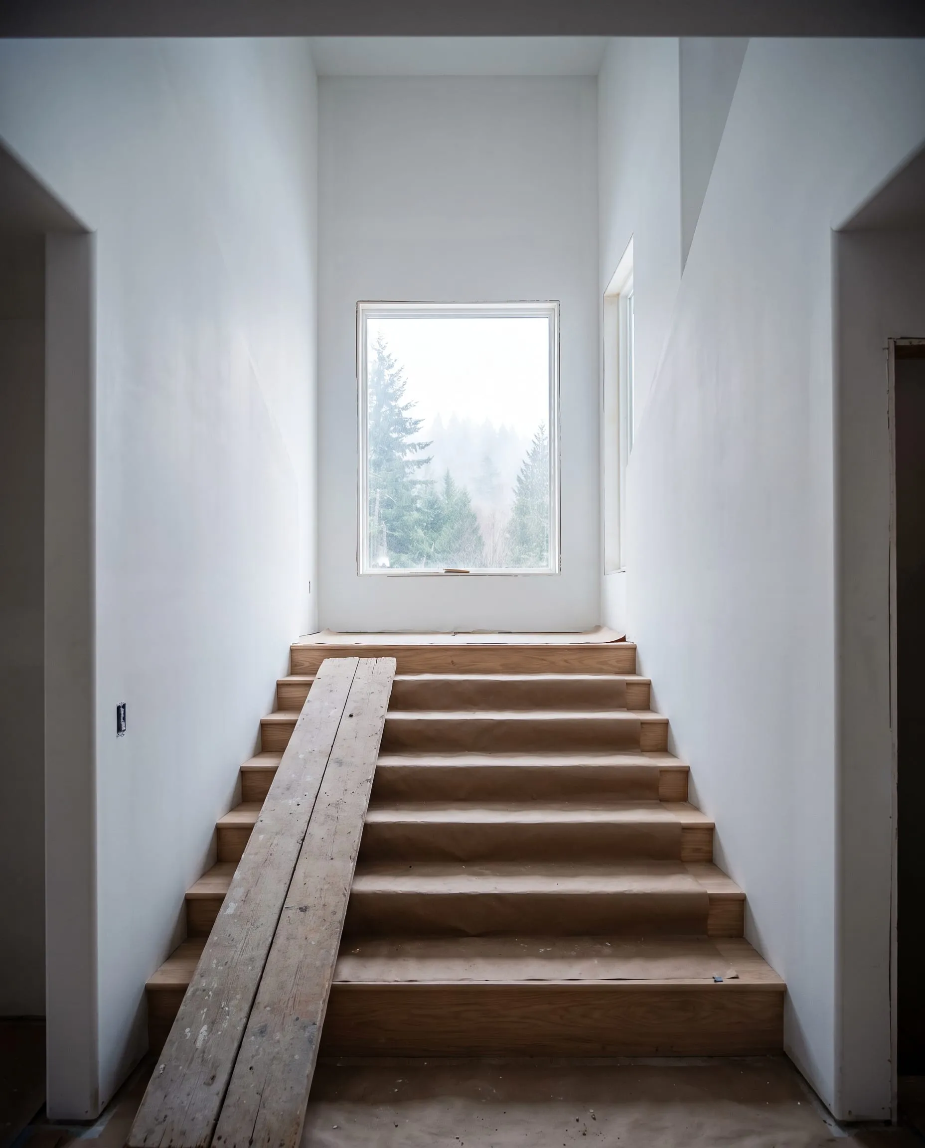 Two-story stairwell with freshly finished drywall and a scaffold plank across the treads